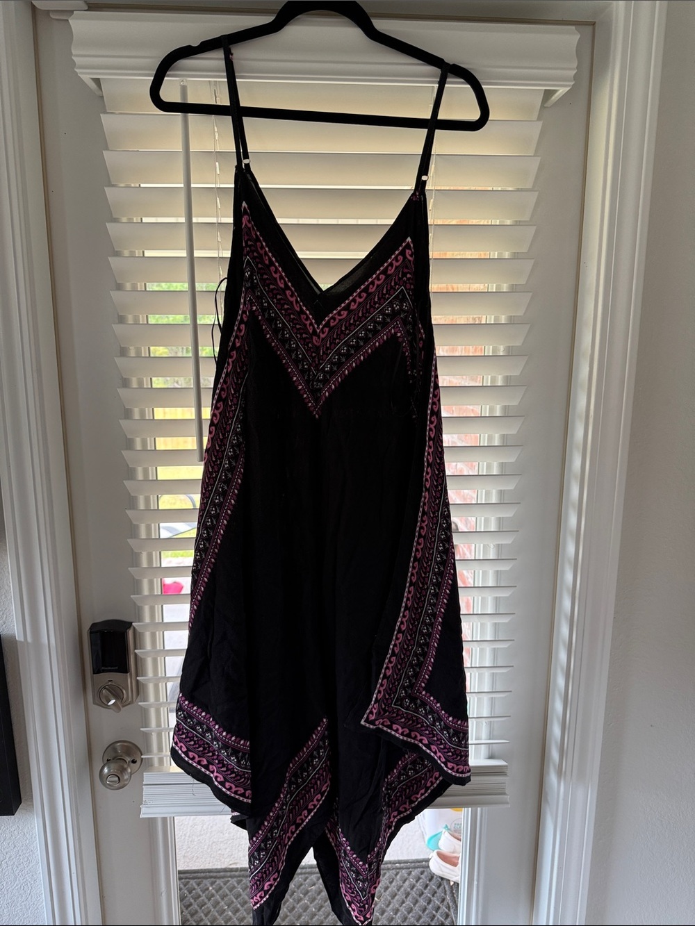 Black V-Neck High-Low Dress with Pink Embroidered Trim